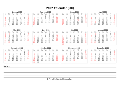 2022 UK Calendar with bank holidays