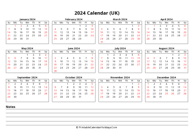 2024 UK Calendar with bank holidays