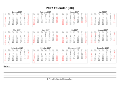 2027 UK Calendar with bank holidays