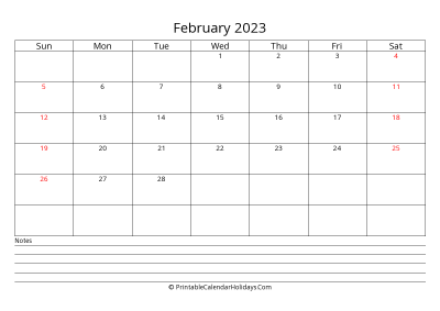 printable february 2023 calendar with uk bank holidays, bottom notes, weeks start on sunday, weekends highlight, days at the center landscape letter