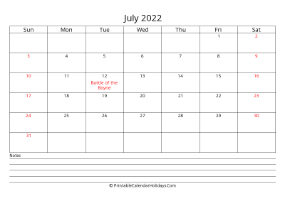printable july 2022 calendar with uk bank holidays, bottom notes, weeks start on sunday, weekends highlight, days at the center landscape letter