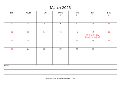 printable march 2023 calendar with uk bank holidays, bottom notes, weeks start on sunday, weekends highlight, days at the center landscape letter