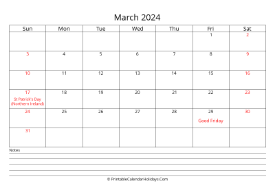 printable march 2024 calendar with uk bank holidays, bottom notes, weeks start on sunday, weekends highlight, days at the center landscape letter