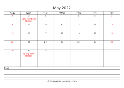 printable may 2022 calendar with uk bank holidays, bottom notes, weeks start on sunday, weekends highlight, days at the center landscape letter