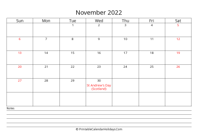 printable november 2022 calendar with uk bank holidays