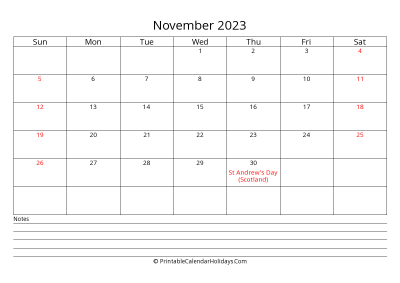 printable november 2023 calendar with uk bank holidays
