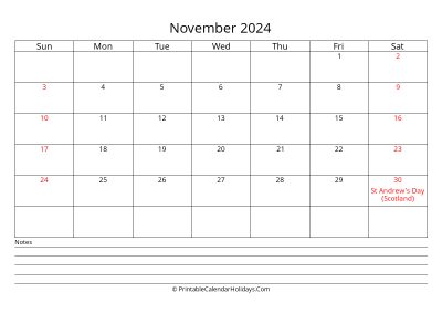 printable november 2024 calendar with uk bank holidays