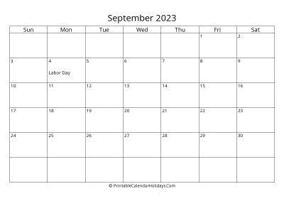 september 2023 simple calendar with us holidays, weeks start on sunday, days at the left landscape letter